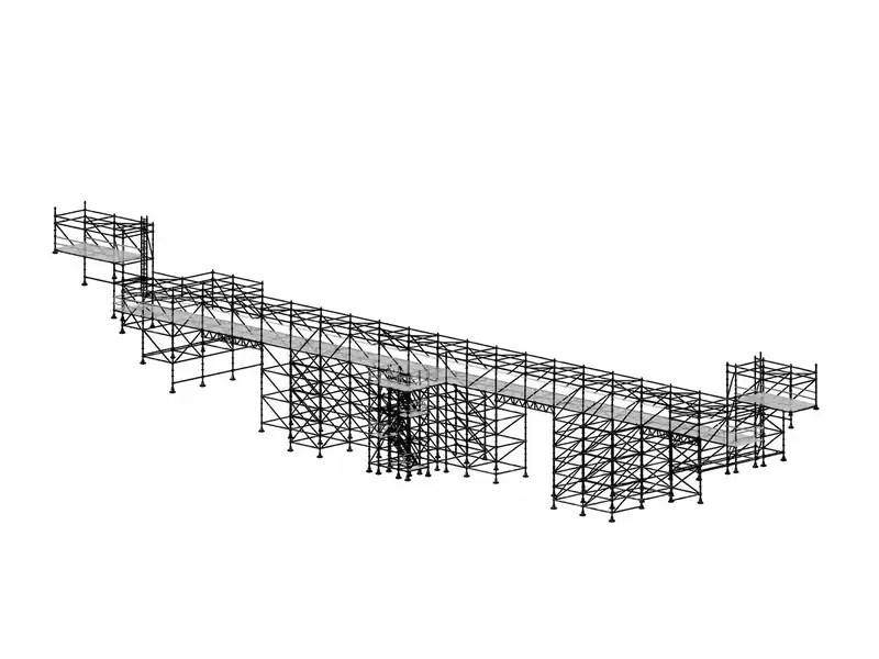 3D engineering model of a long elevated scaffold platform with stair towers at each end