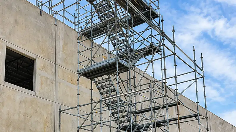 Scaffold stair tower with switchback stairs and guardrails against a tall concrete wall